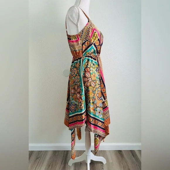 Rusttydustty Scarf Print Hanky Hem Cami Bohemian Dress Size Small - Picture 6 of 11
